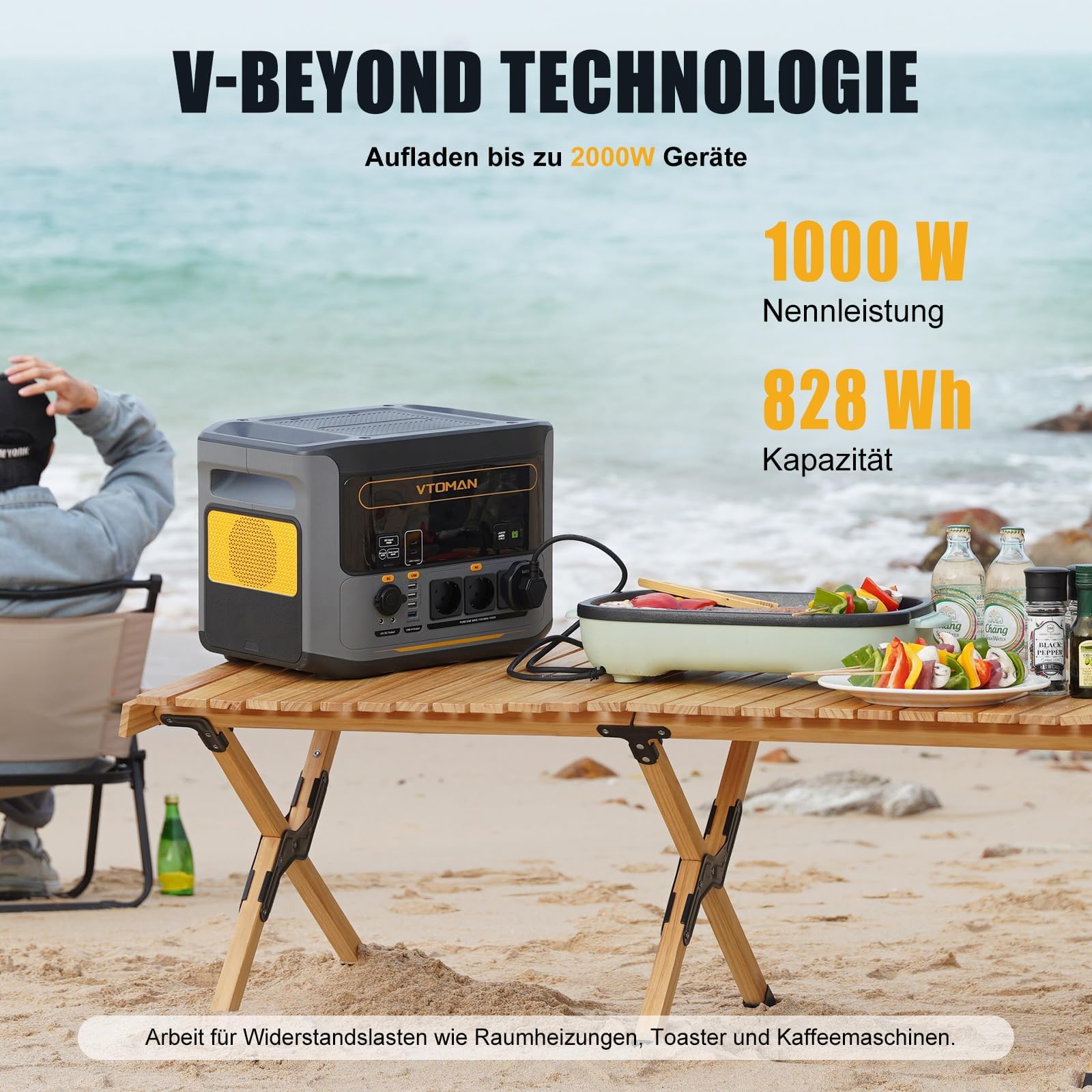VTOMAN Tragbare Powerstation 1000W (2000W Spitze), 828Wh LiFePO4 Solargenerator, 0-80% in 1 Stunde Schnellladung, Erweiterbar bis 2376Wh, 100W USB-C Ausgang Für Notfall, Camping, Reise, Wohnmobil