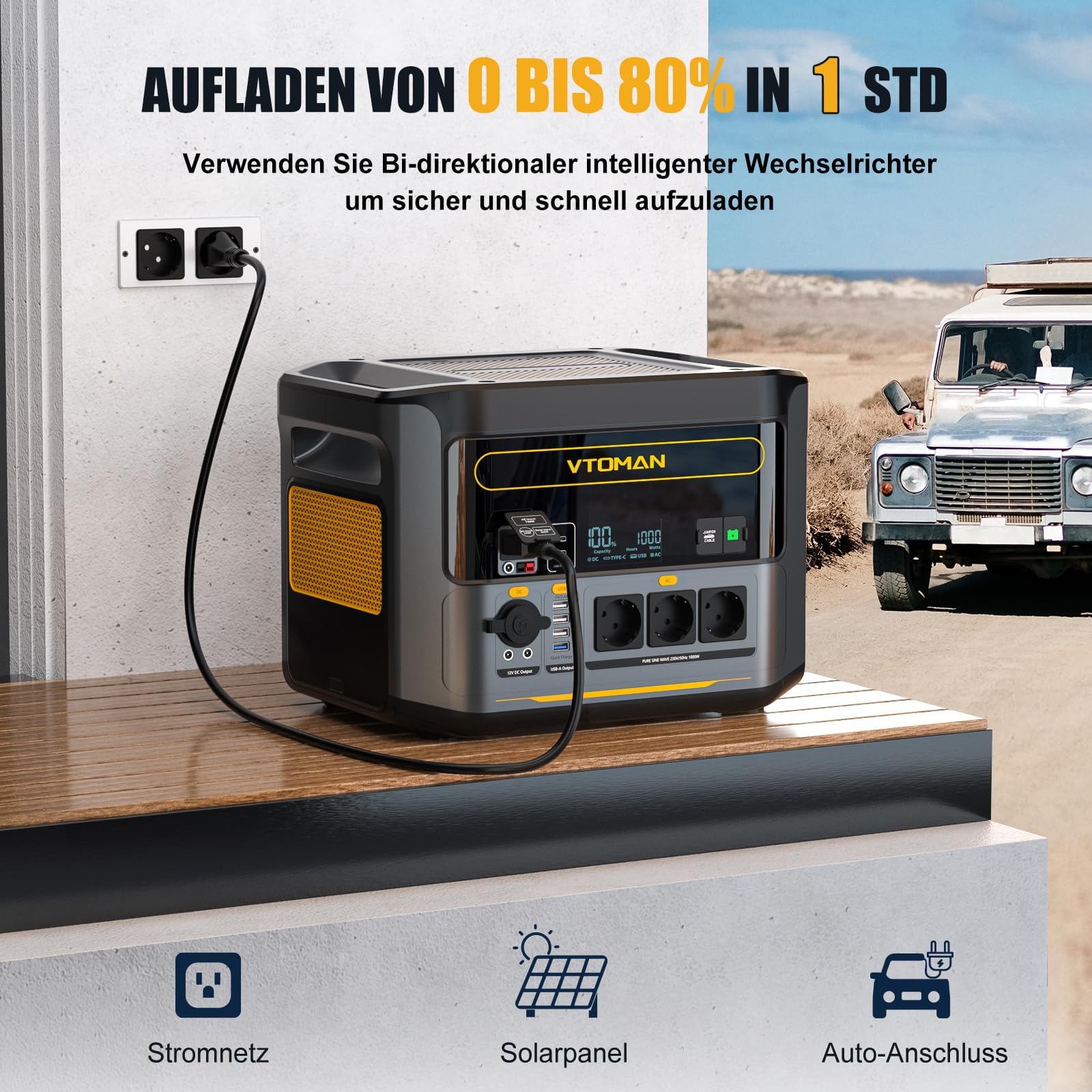 VTOMAN Tragbare Powerstation 1000W (2000W Spitze), 828Wh LiFePO4 Solargenerator, 0-80% in 1 Stunde Schnellladung, Erweiterbar bis 2376Wh, 100W USB-C Ausgang Für Notfall, Camping, Reise, Wohnmobil