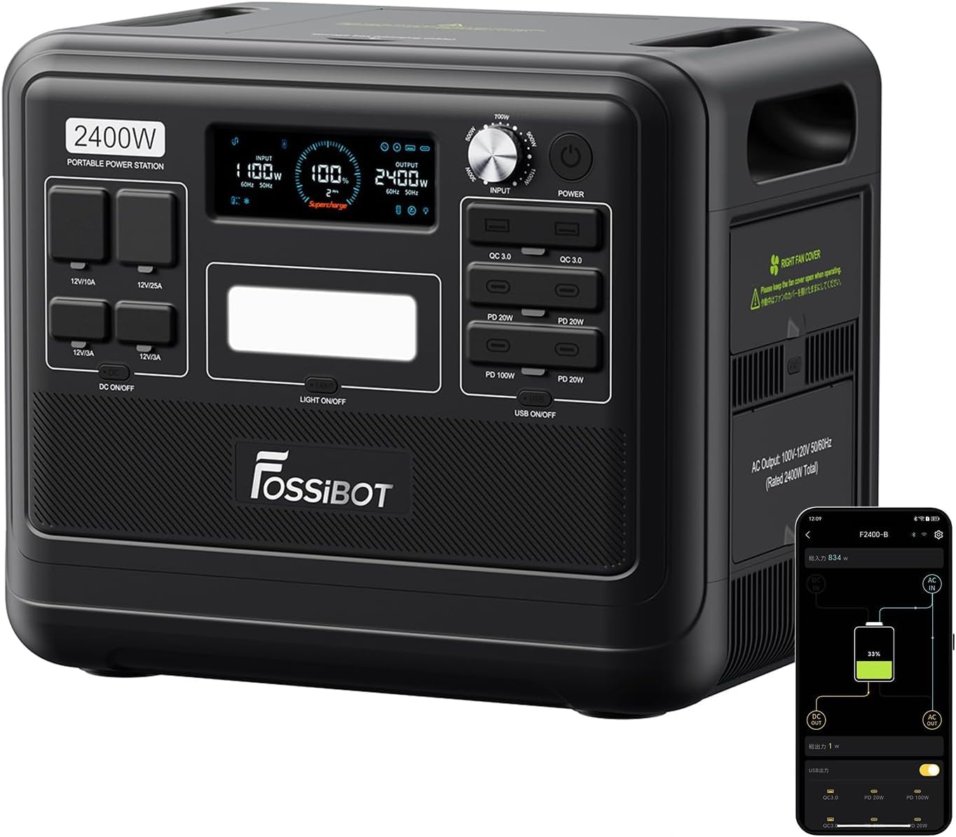 FOSSiBOT Tragbare Powerstation F2400 mit 2048Wh Lifepo4, Solargenerator 2400W (4800W Spitze) 230V 3 AC Ausgängen, Superschnelles Laden Power station für Notstromaggregat Hausversorgung Camping