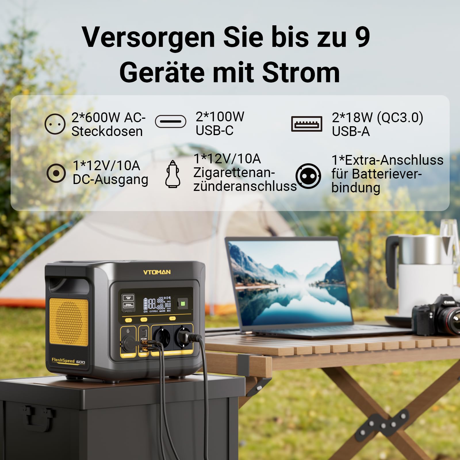 VTOMAN FlashSpeed 600 Tragbare Powerstation mit 110W Solarpanel - 499Wh/600W (Spitze 1200W) Schnellladung Solargenerator LiFePO4 Akku, 100W USB-C 70Min voll aufgeladen für Wohnmobil, Camping, Notfall