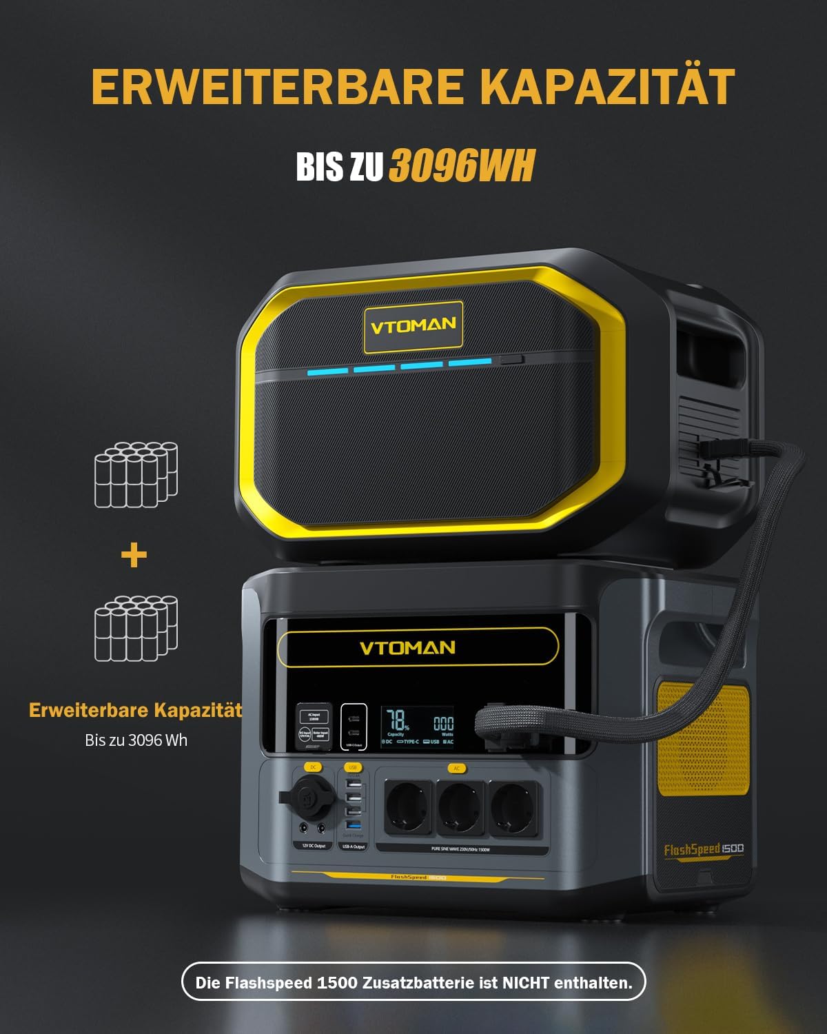 VTOMAN FlashSpeed 1500 Tragbare Powerstation 3096Wh - 1500W(Spitze 3000W) Solar Generatoren Paket (Inklusive Zusatzbatterie & 400W Solarpanel), LiFePO4 Batterie 12 Ausgangsport für Notstrom, Camping