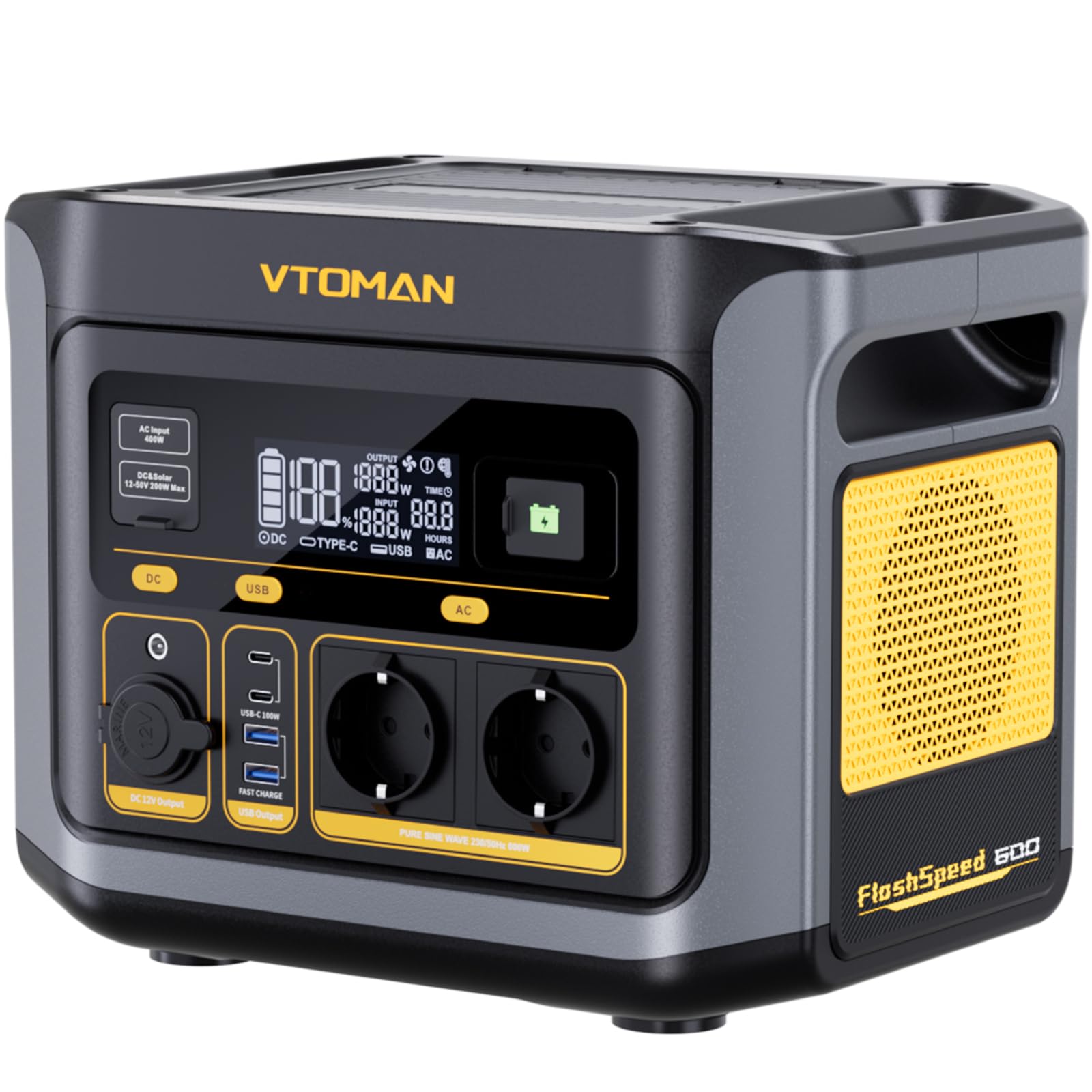VTOMAN FlashSpeed 600 Tragbare Powerstation 600W (Spitze 1200W) - 499Wh Solargenerator LiFePO4 Stromgenerator Mobile Stromspeicher, 100W USB-C, 60 Min Schnellladung 0-80% für Camping, Angeln,Wohnmobil