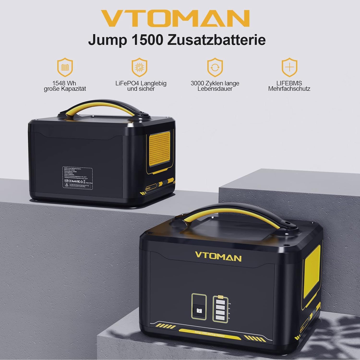 VTOMAN Jump 1500X Zusatzbatterie 1548Wh - LiFePO4 Batterie für Erweiterungs Jump 1500X/Jump 2200 Tragbare PowerStation, für Outdoor Camping, Garten, Wohnmobil, Reisen, Angeln, Notfall,Off-Grid, RV