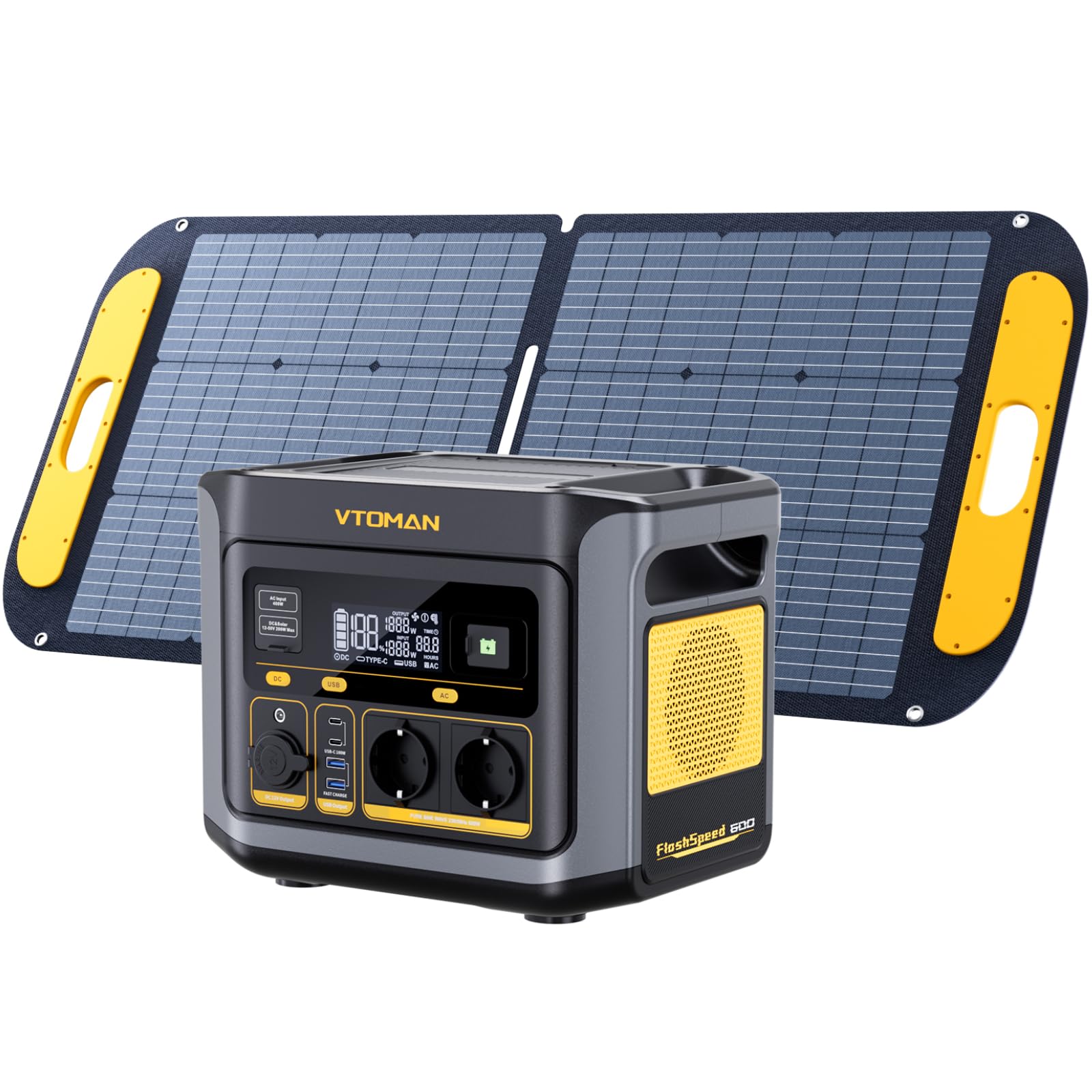VTOMAN FlashSpeed 600 Tragbare Powerstation mit 110W Solarpanel - 499Wh/600W (Spitze 1200W) Schnellladung Solargenerator LiFePO4 Akku, 100W USB-C 70Min voll aufgeladen für Wohnmobil, Camping, Notfall