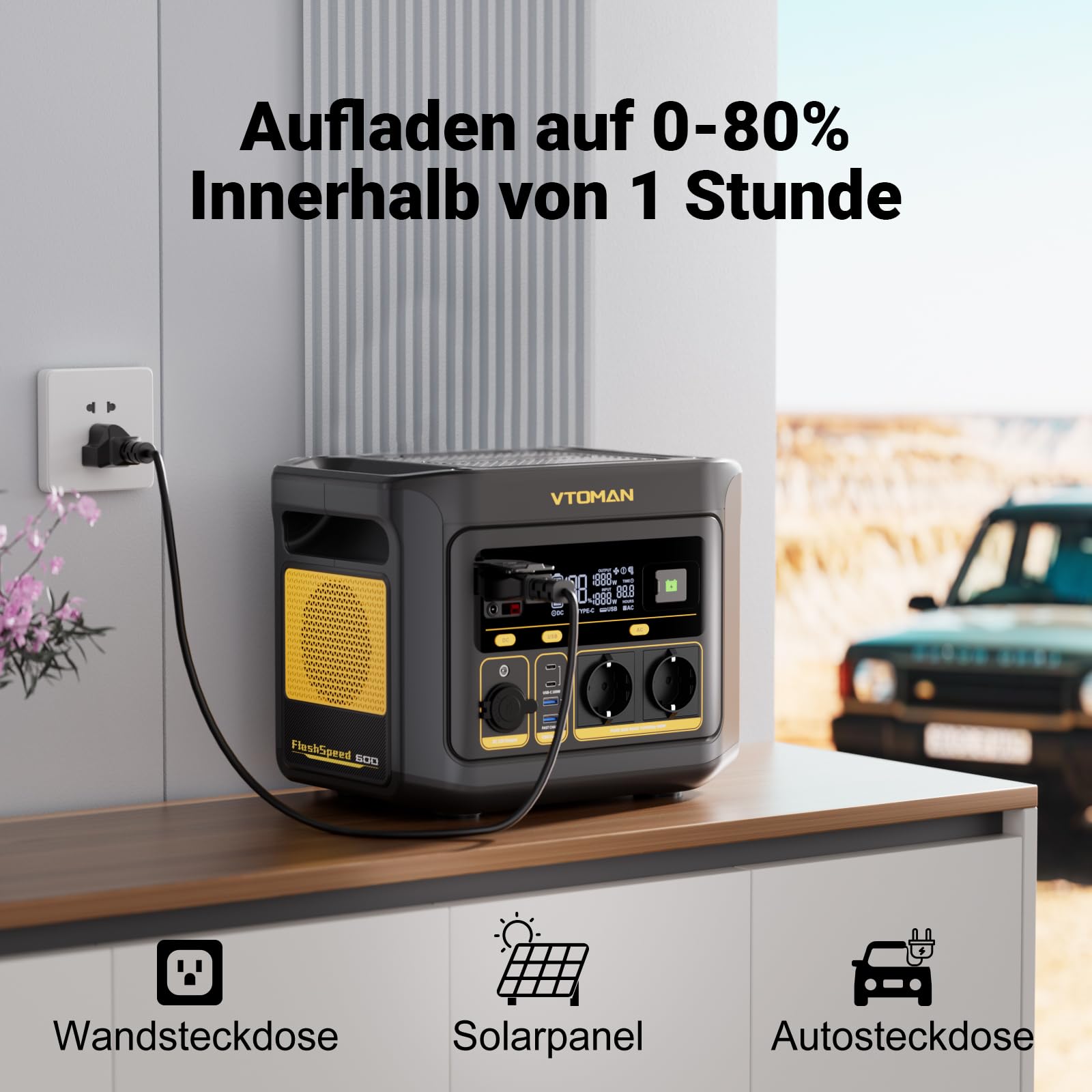VTOMAN FlashSpeed 600 Tragbare Powerstation 600W (Spitze 1200W) - 499Wh Solargenerator LiFePO4 Stromgenerator Mobile Stromspeicher, 100W USB-C, 60 Min Schnellladung 0-80% für Camping, Angeln,Wohnmobil