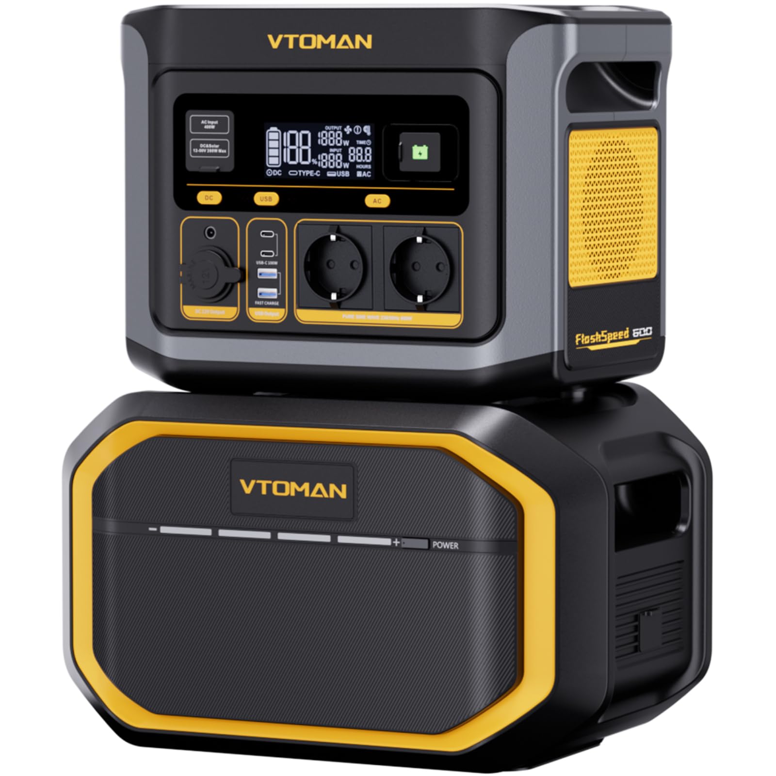VTOMAN FlashSpeed 600 Tragbare Powerstation mit Zusatzbatterie - 2047Wh/600W (Spitze 1200W) Solargenerator LiFePO4 Akku, 100W USB-C/230VAusgang Schnellladeleistung für Wohnmobil, Camping, Notfälle