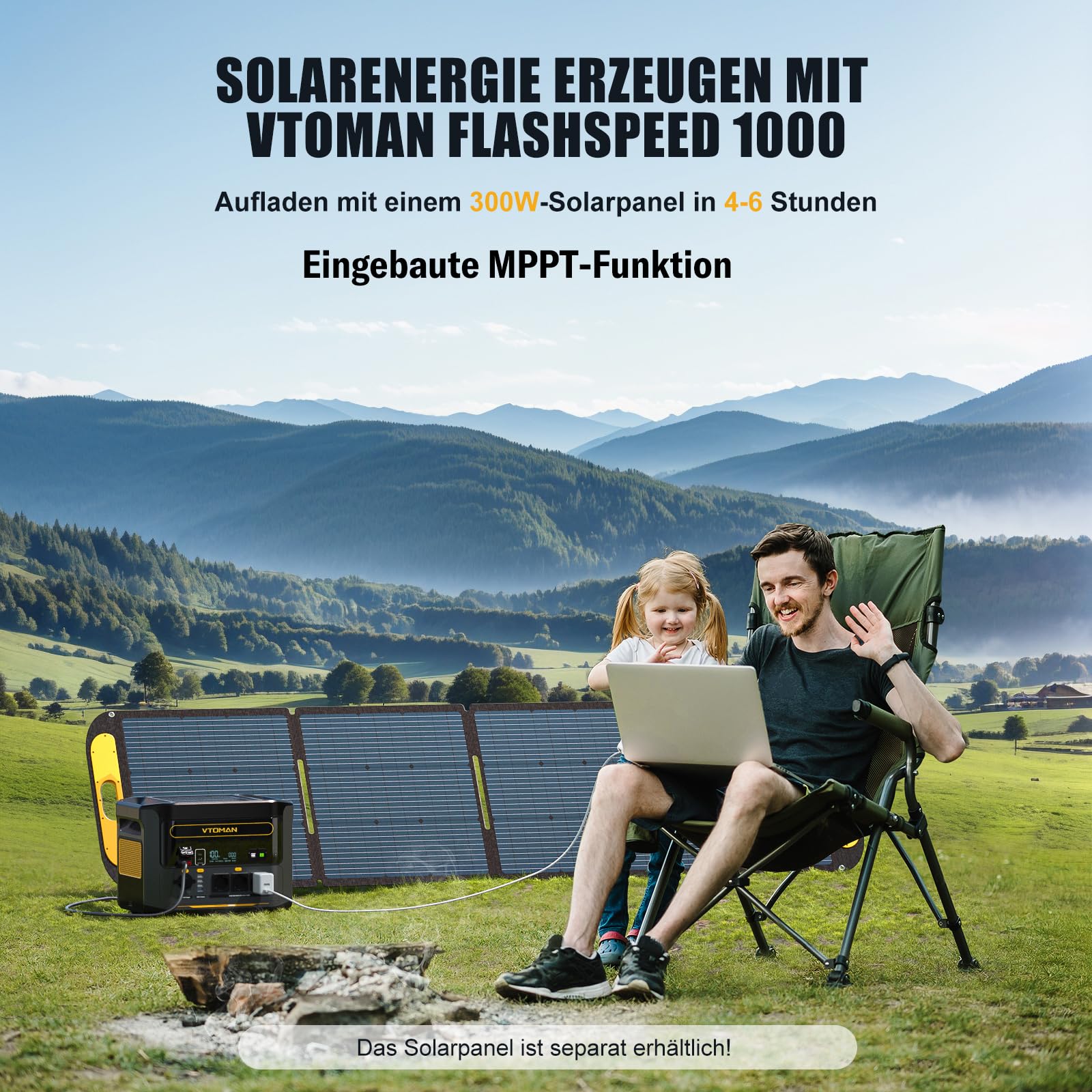 VTOMAN Tragbare Powerstation 1000W (2000W Spitze), 828Wh LiFePO4 Solargenerator mit 110W Solarpanel, 0-80% in 60 Min Schnellladung, Erweiterbar bis 2376Wh für Notfall, Camping, Reise, Wohnmobil