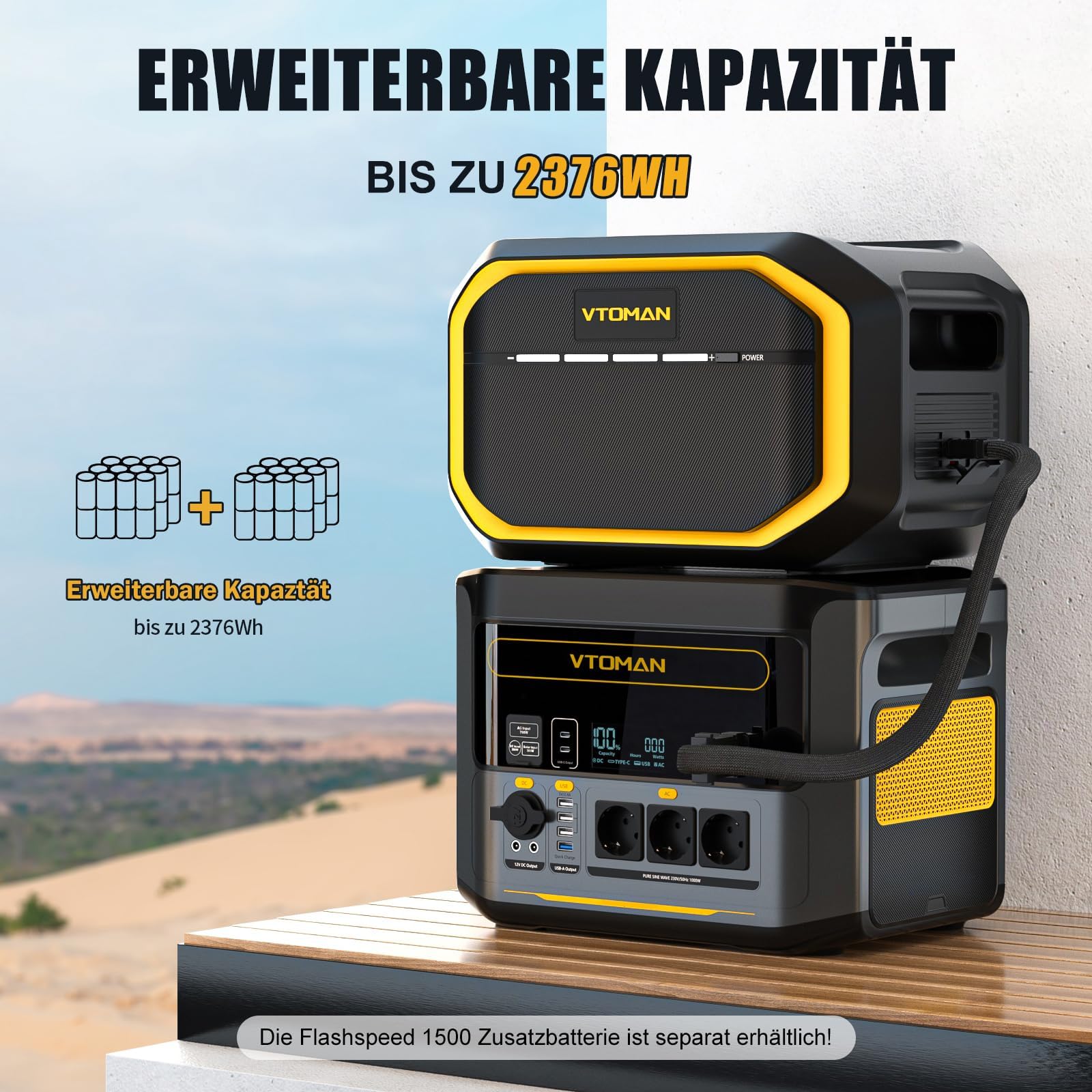 VTOMAN Tragbare Powerstation 1000W (2000W Spitze), 828Wh LiFePO4 Solargenerator, 0-80% in 1 Stunde Schnellladung, Erweiterbar bis 2376Wh, 100W USB-C Ausgang Für Notfall, Camping, Reise, Wohnmobil